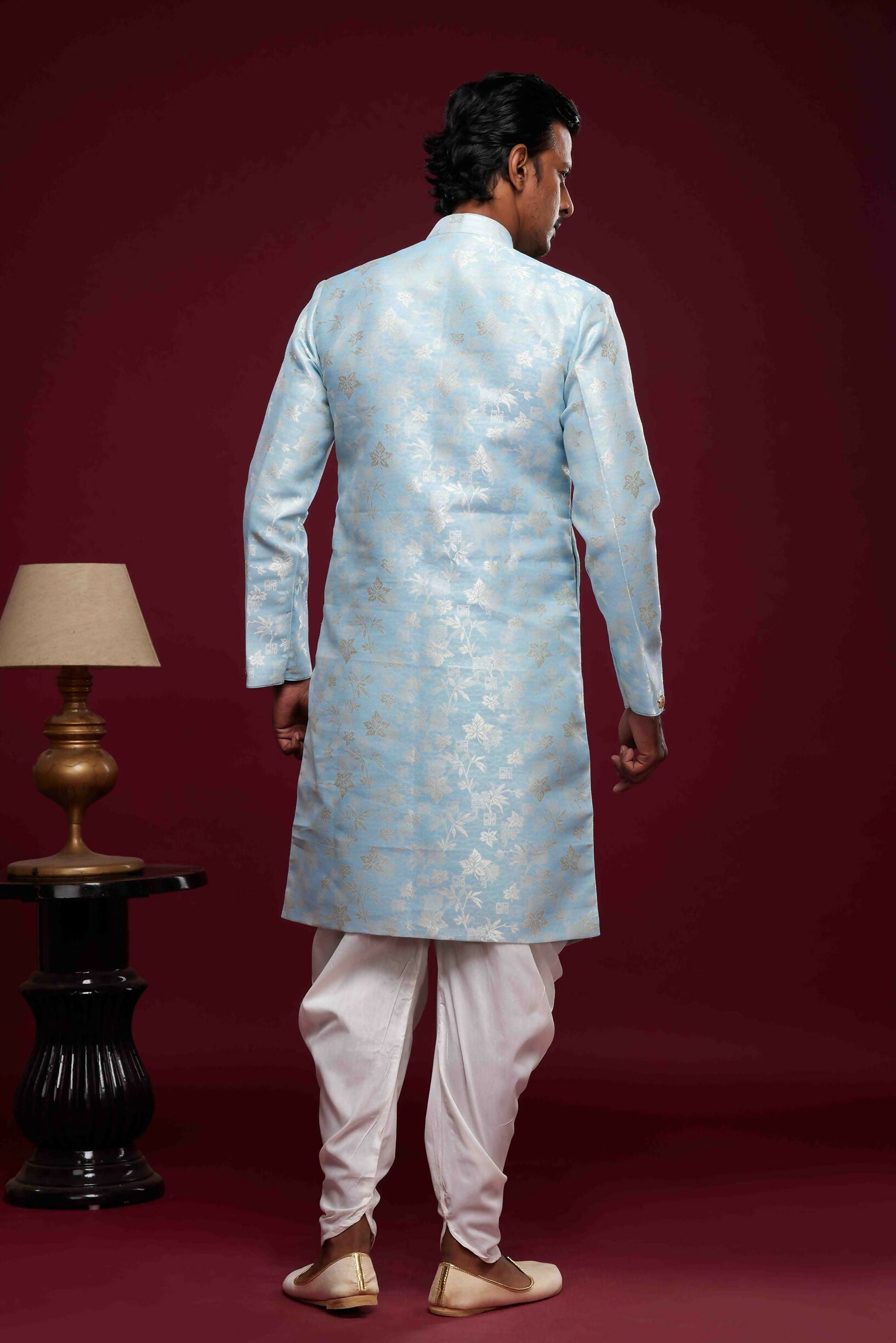 Raivat Ethnic Banarasi Jacquard Embroidery Semi Indo Western Sherwani In Sky Blue Colour