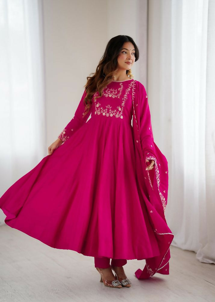 Joban Fashion Dark Pink Kurta Set Chanderi Sequence Embroidery Work - Distacart