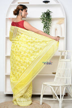 Very Much Indian Jamdhani Cotton Saree With Polka Dot Pallu - Lime Yellow - Distacart