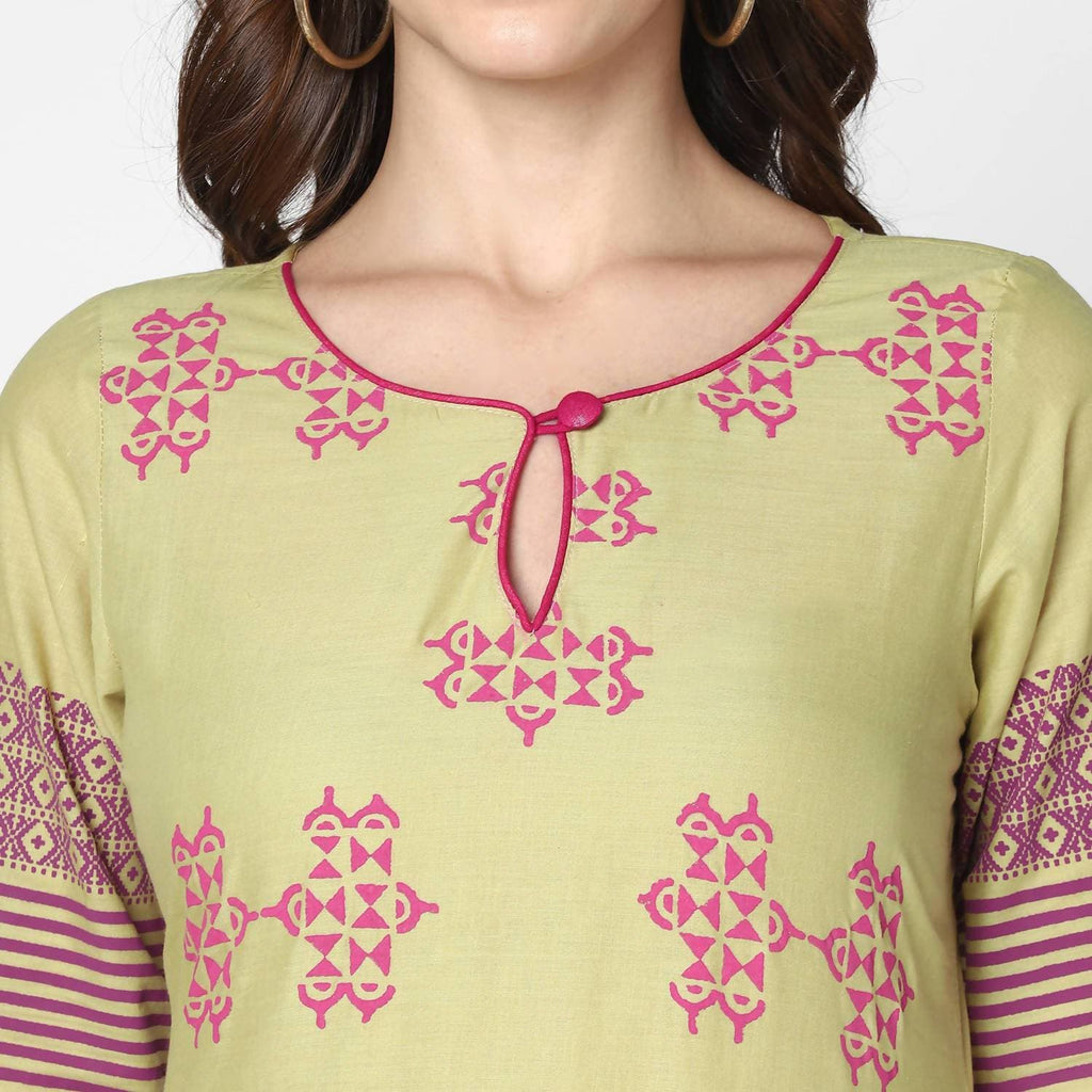 Cheera Hand Block Print Khaki Straight Kurta (MAAI-053K)