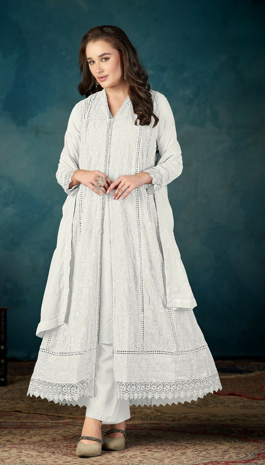 Anaita White Heavy Faux Georgette Stitched Suit with Embroidered Sequence Work - Distacart