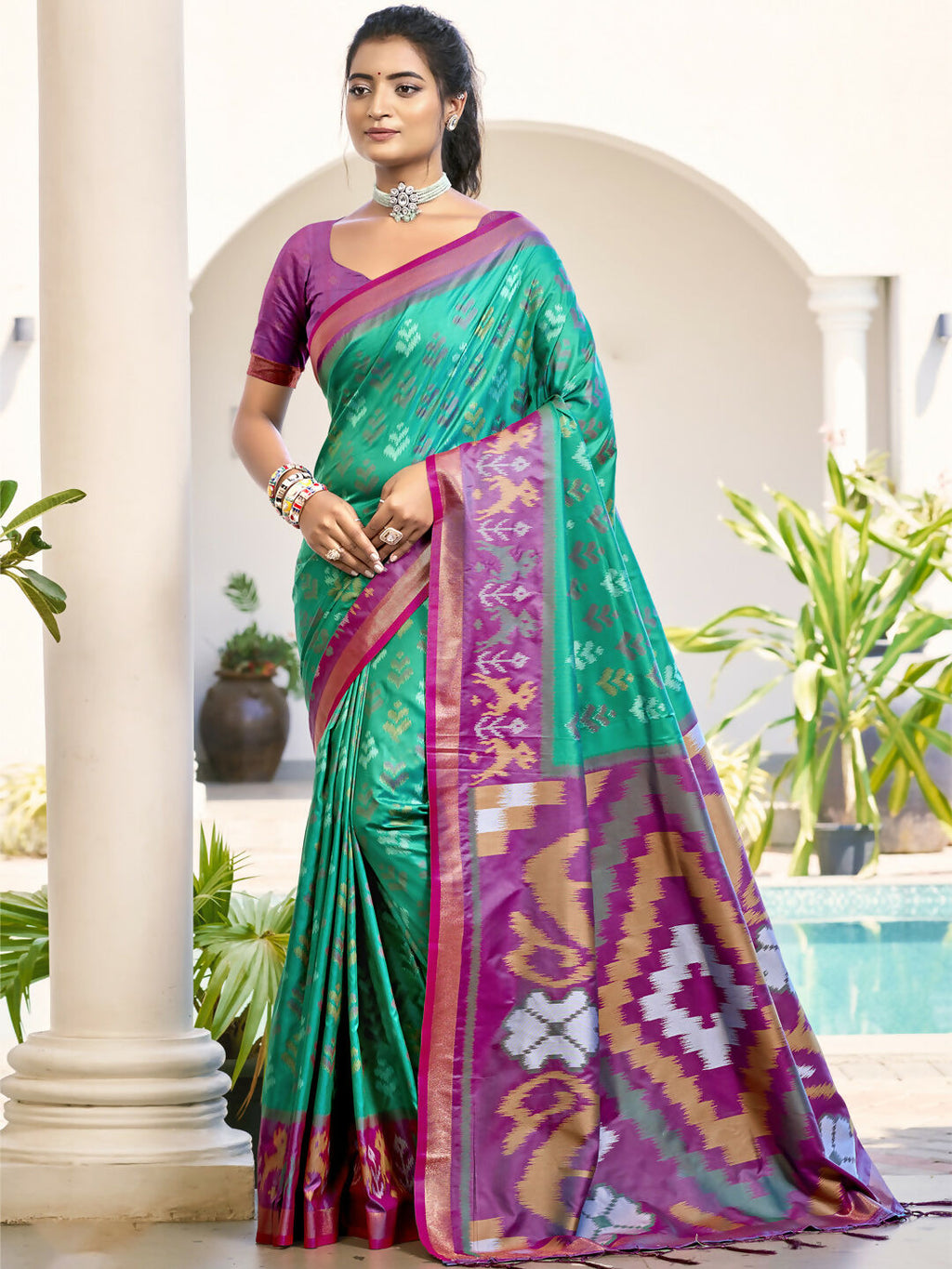 Shree Shyam Fashion Pochampalli Silk Rama Green Saree - Distacart