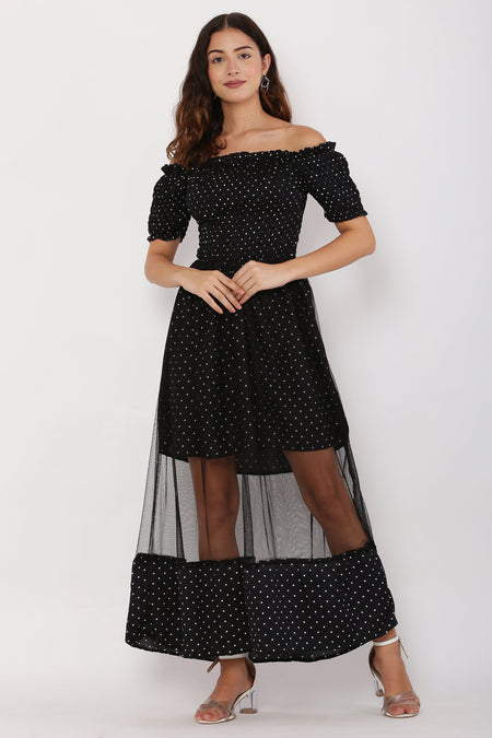 PAVONINE Black Color Micro Dot Net Kansai Dress For Women