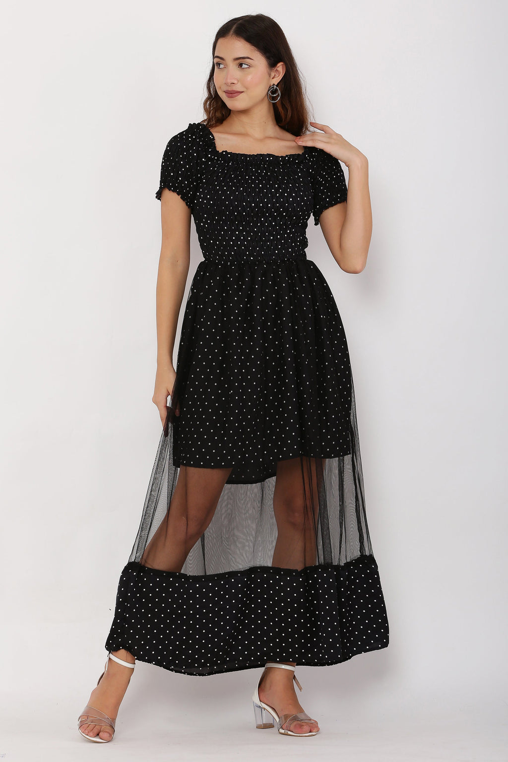PAVONINE Black Color Micro Dot Net Kansai Dress For Women - Distacart
