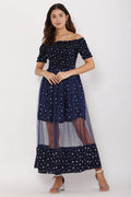 PAVONINE Navy Blue Color Star Dot Net Kansai Dress For Women - Distacart