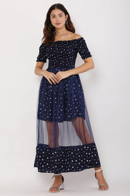 PAVONINE Navy Blue Color Star Dot Net Kansai Dress For Women