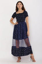 PAVONINE Navy Blue Color Star Dot Net Kansai Dress For Women - Distacart