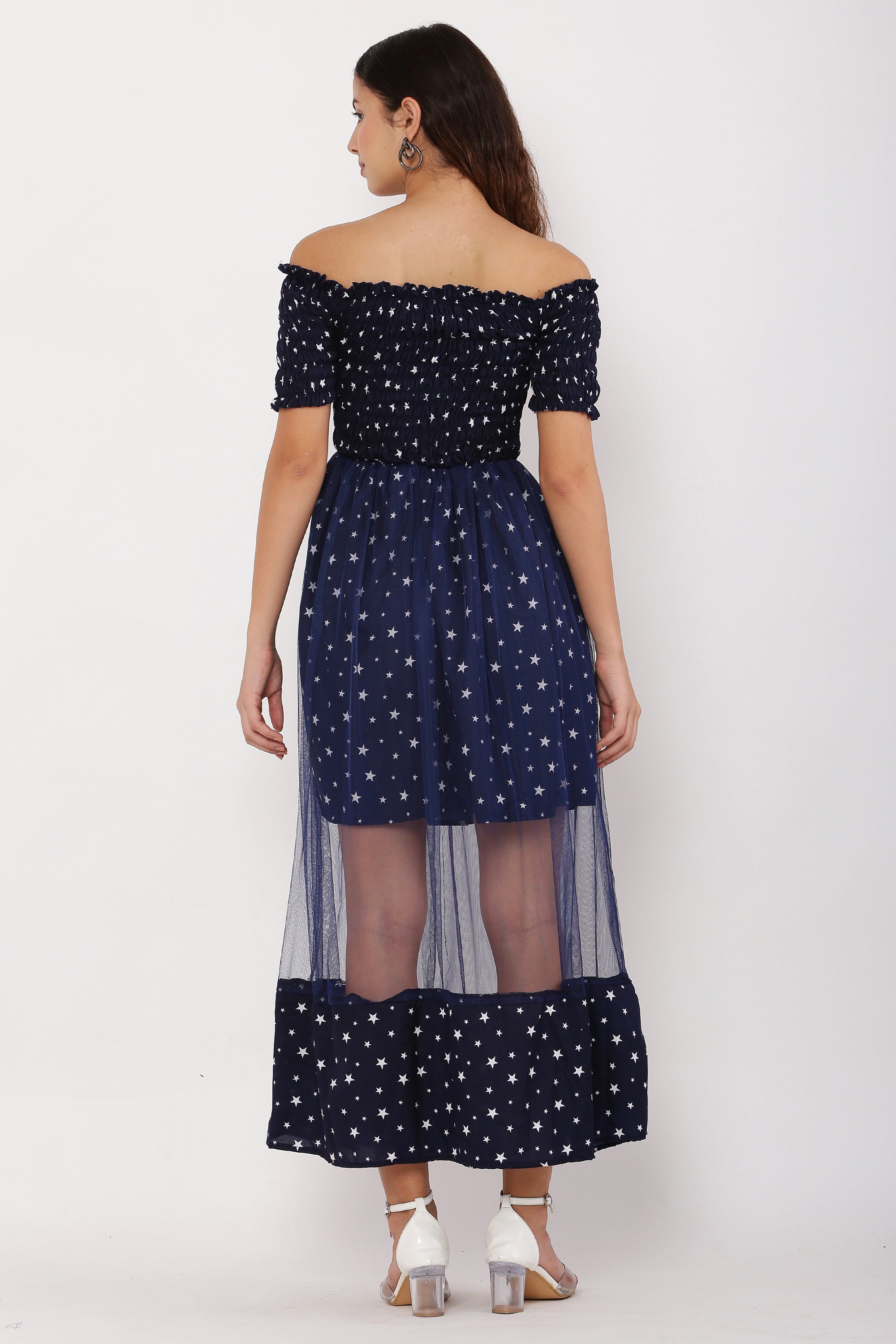 PAVONINE Navy Blue Color Star Dot Net Kansai Dress For Women - Distacart