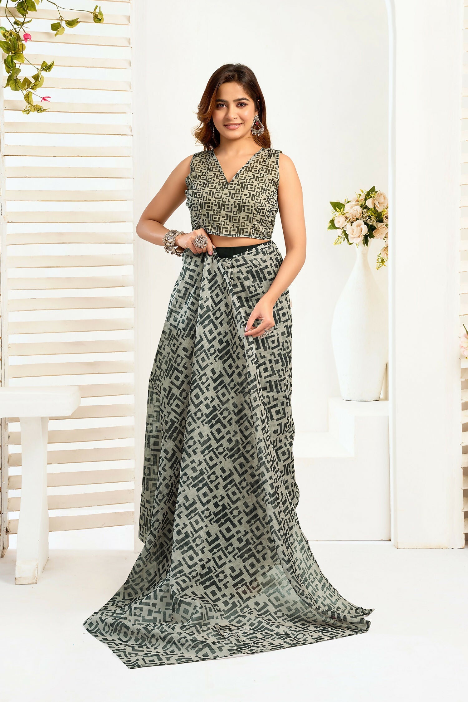 Joban Fashion Grey  Geomatric Color Block Linen Ready To Wear Saree With Unstitched Blouse - Distacart