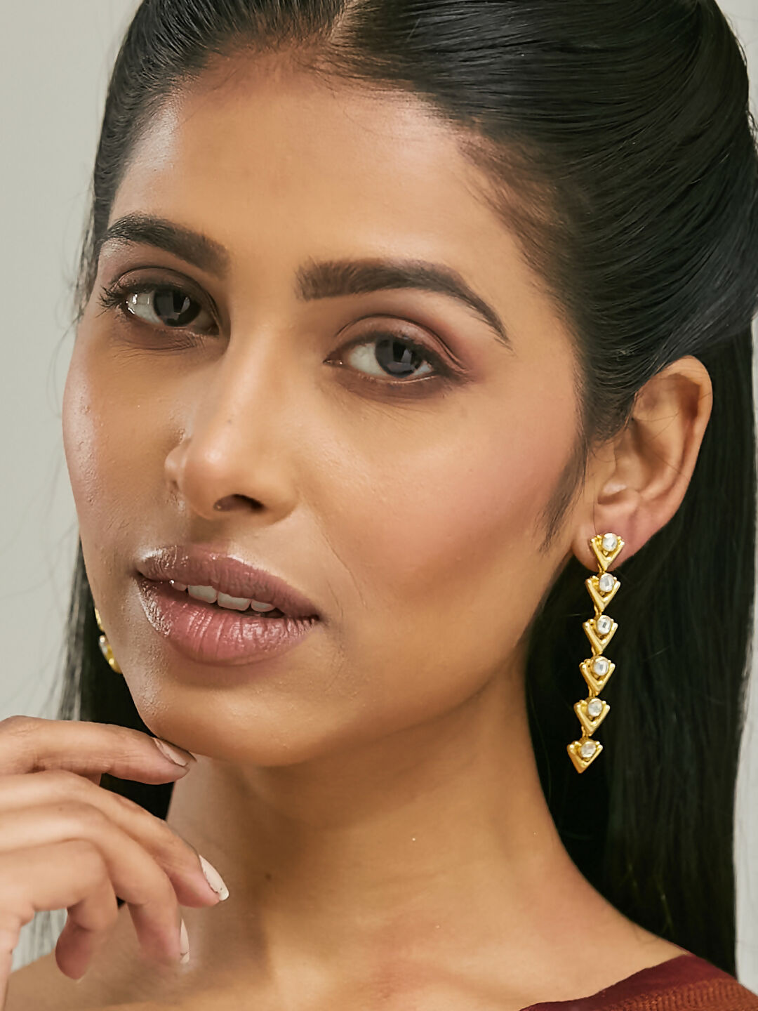 Nuyug 18K Gold-Plated Crystal Stone Studded Triangular Drop Sleek Earrings - Distacart