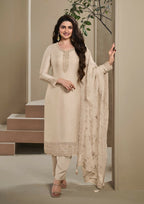 Anaita Beige Heavy Natural Crepe Stitched Suit with Embroidery & Zarkhan Work - Distacart