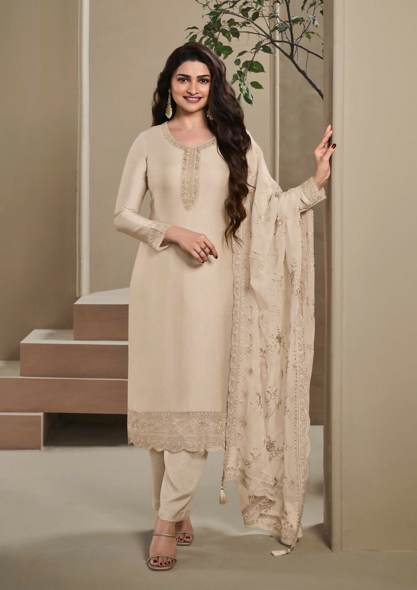 Anaita Beige Heavy Natural Crepe Stitched Suit with Embroidery & Zarkhan Work - Distacart