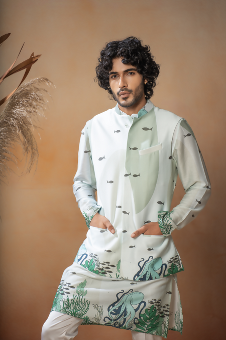 Seabed Serenity Cotton Satin Nehru Jacket by Hilo Design