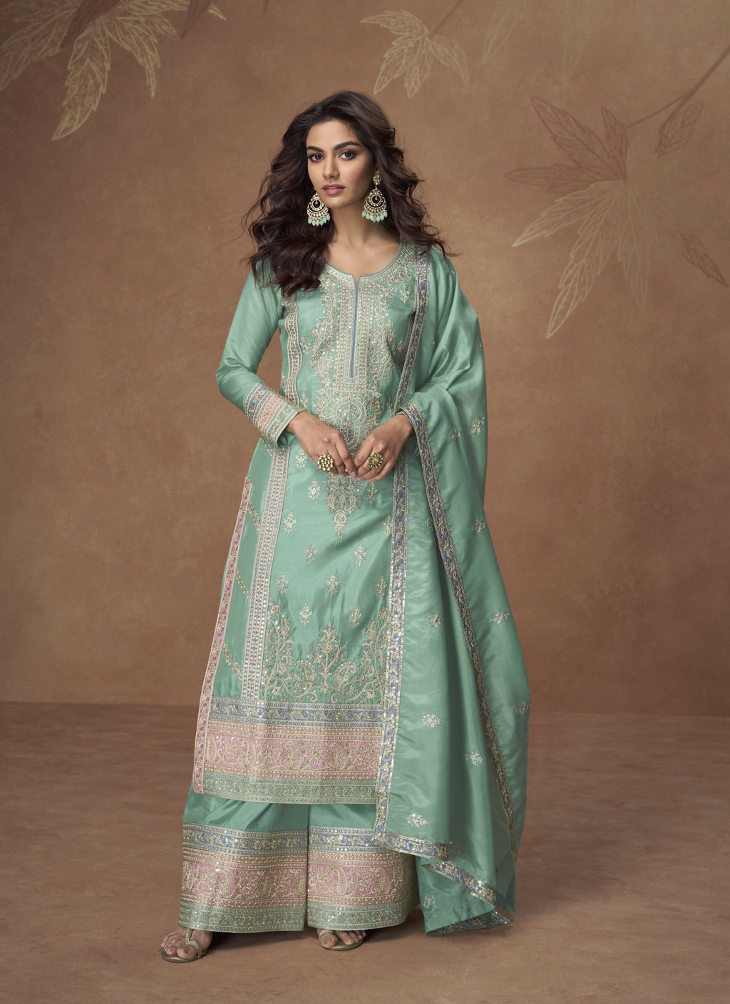 Anaita Sea-Green Chinon Readymade Palazzo Suit with Embroidery Sequence Work - Distacart