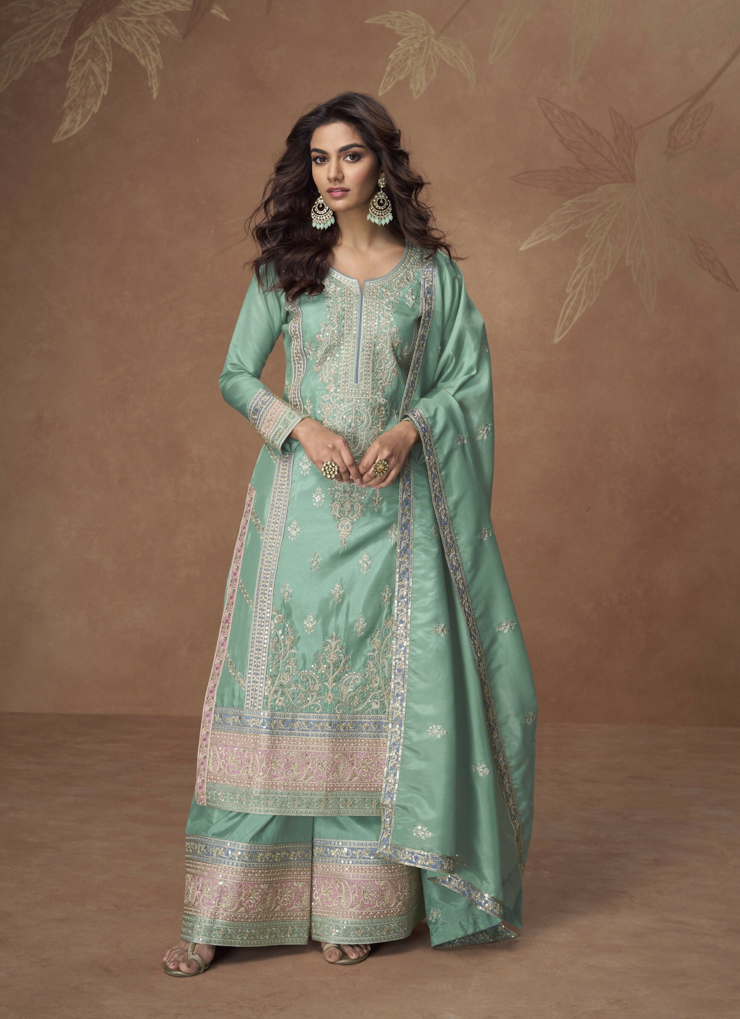 Anaita Sea-Green Chinon Readymade Palazzo Suit with Embroidery Sequence Work - Distacart