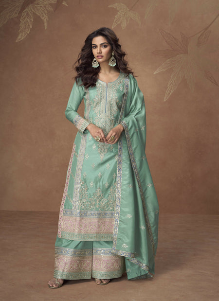 Anaita Sea-Green Chinon Readymade Palazzo Suit with Embroidery Sequence Work