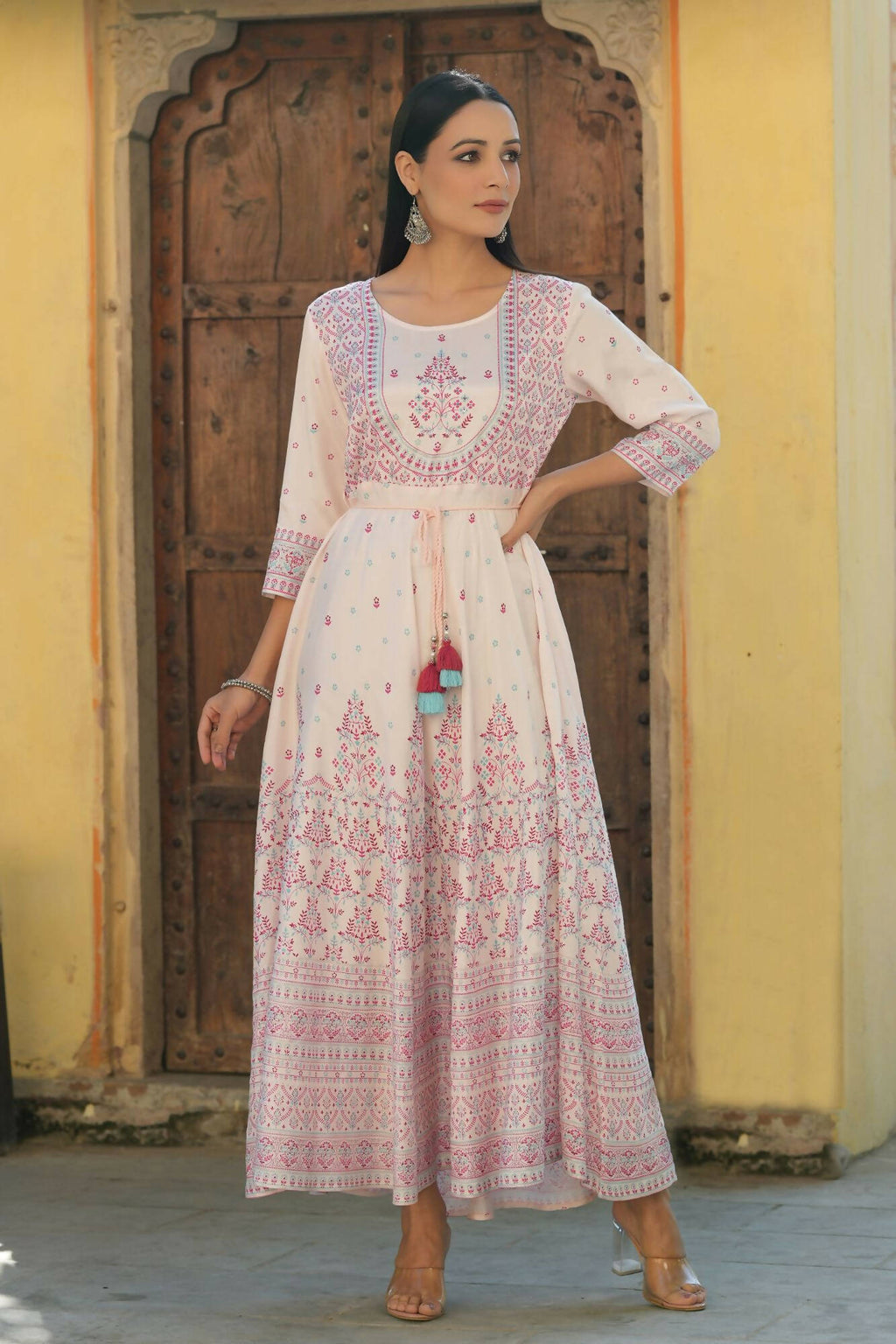Juniper Women's Pink Viscose Shantoon Festive Printed Flared Dress - Distacart