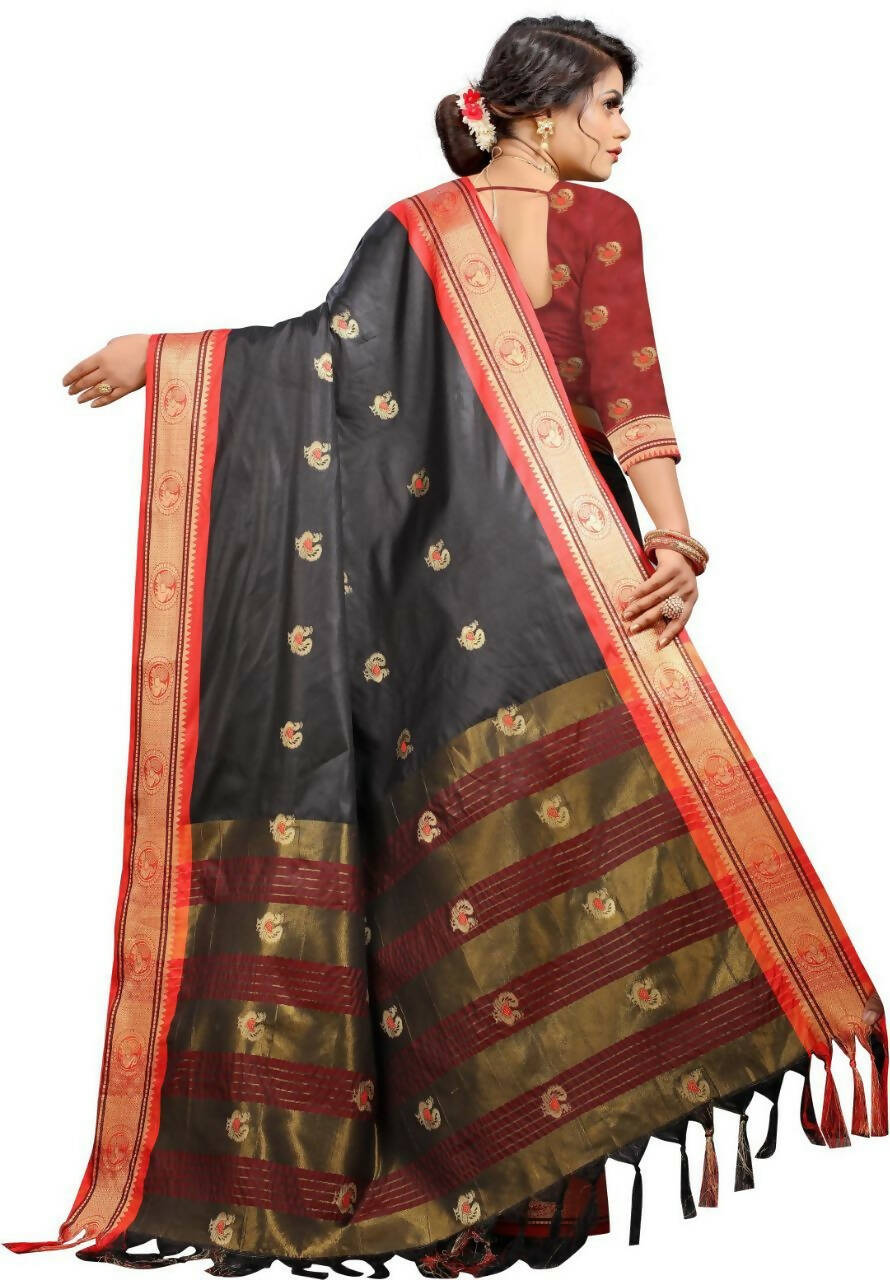 DEIANA'S Beautiful Designer Golden zari Soft Lichi Silk Saree - Black