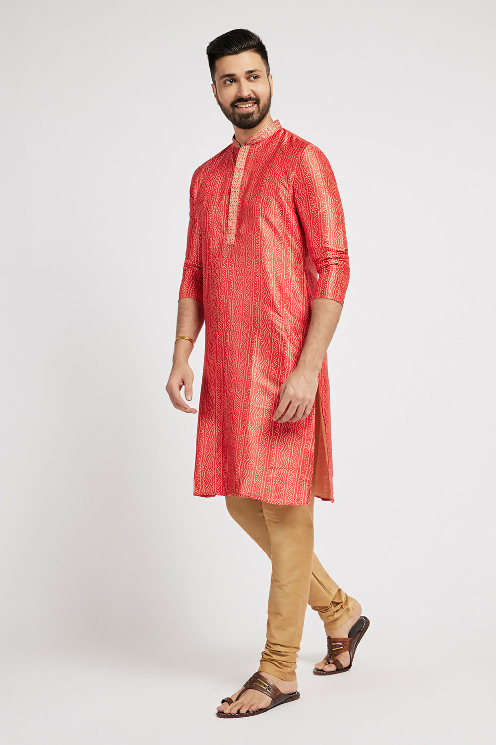 Ethnic India Red Men's Kurta Bandhani Polyester