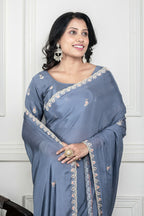 Morchari Grey Chiffon Hand Embroidery Saree And Stitched Blouse - Distacart