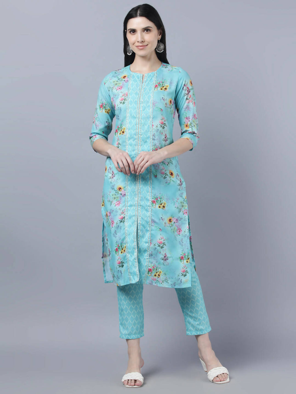 Myshka Women Blue Yellow Printed Kurta with Trousers - Distacart