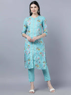 Myshka Women Blue Yellow Printed Kurta with Trousers - Distacart