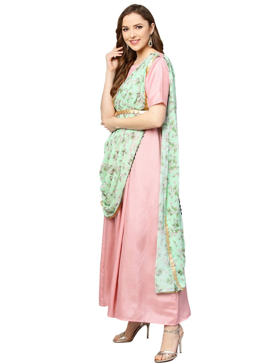 Ahalyaa Pink & Green Solid Maxi Dress with Attached Dupatta - Distacart