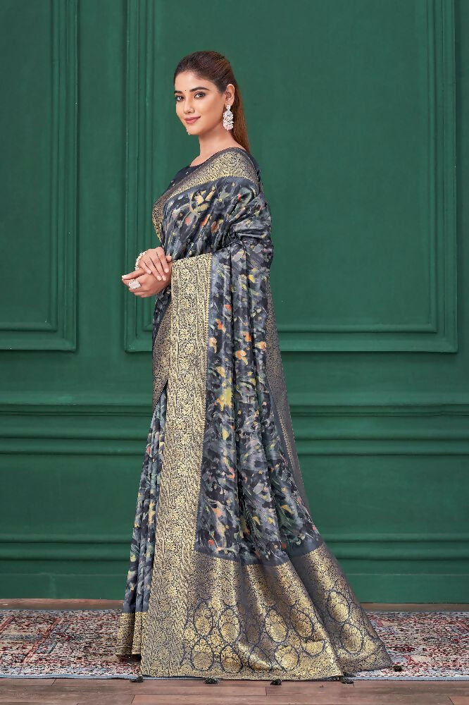 Blue Tussar Silk Jacquard Abstract Digital Print Saree with Unstitched Blouse - Mohira