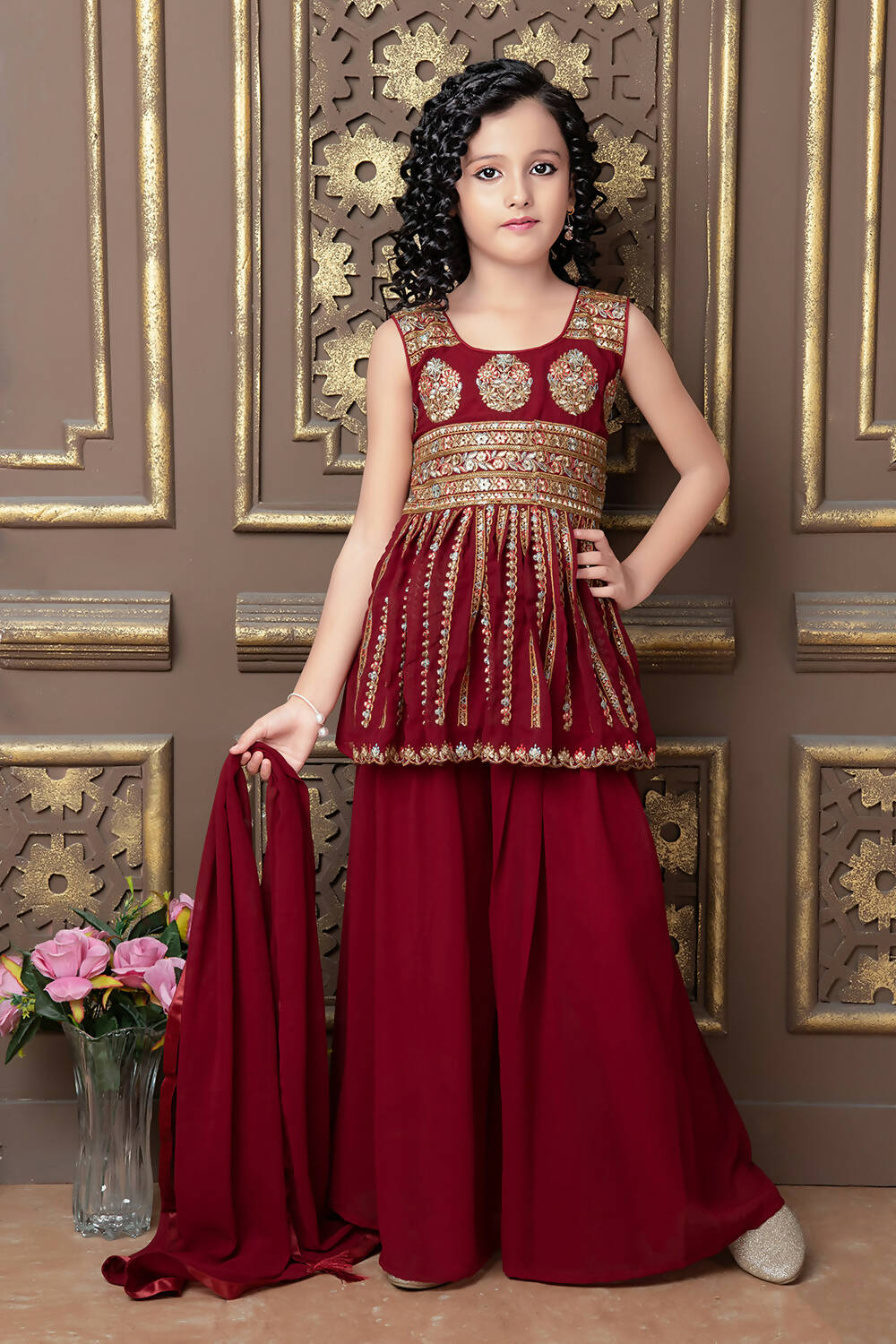 Kids Wedding Designer Maroon Faux Georgette Sharara Suit - Aaradhna