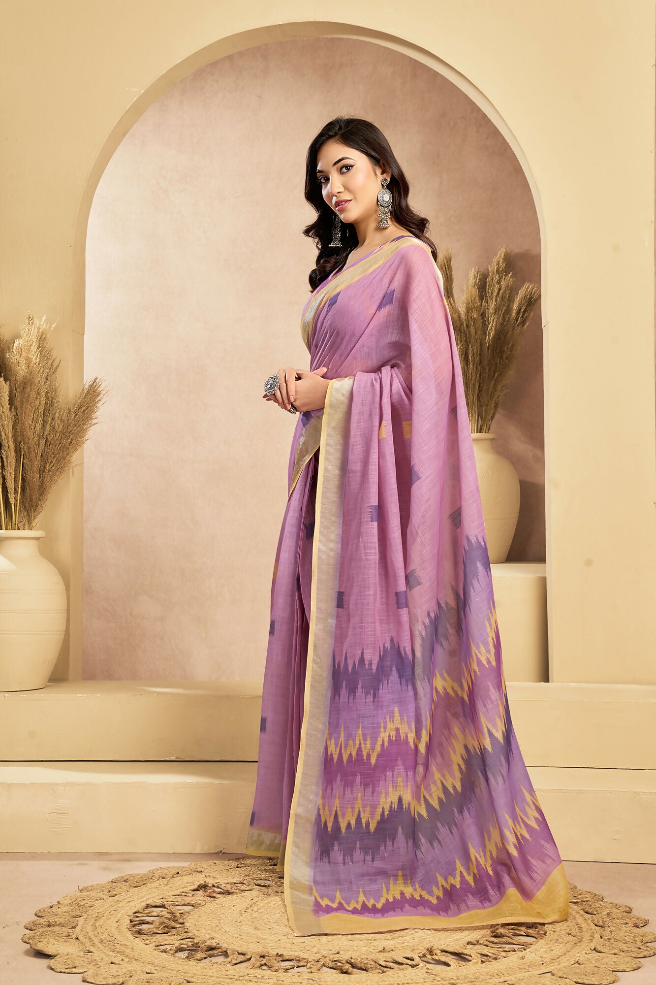 Vastranavya Onion Pink Digital Printed Linen Ready To Wear Pocket Saree with Unstitched Blouse - Distacart