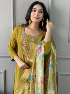 The52 Mustard Gorgeous Embroidered Viscose Chanderi Fabric Straight Kurta Pant with Dupatta Set - Distacart