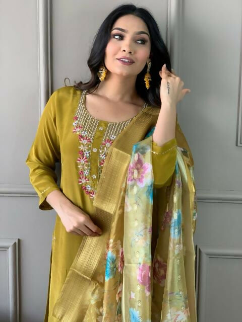 The52 Mustard Gorgeous Embroidered Viscose Chanderi Fabric Straight Kurta Pant with Dupatta Set - Distacart