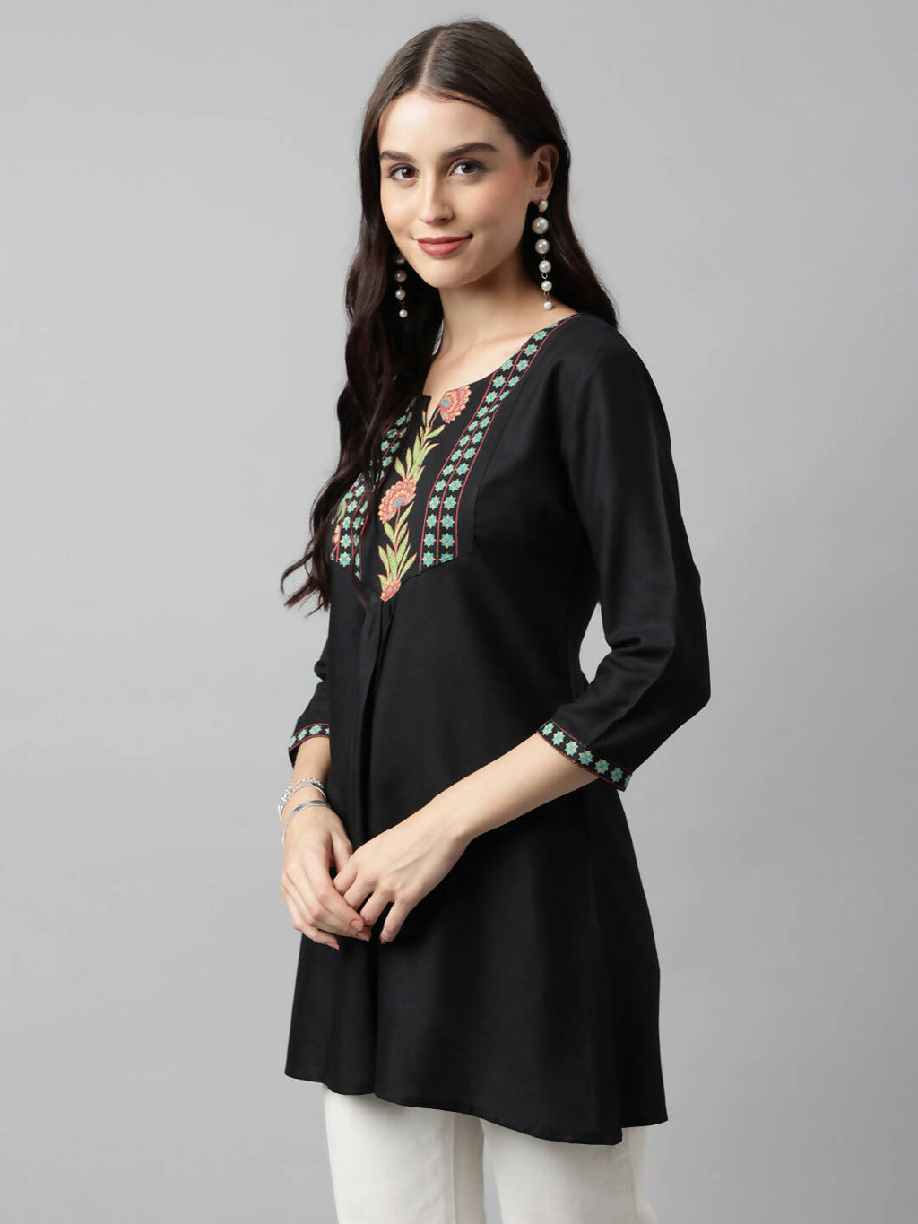 Black Poly Cotton Yoke Printed A-line Top - Bosky