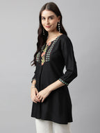 Black Poly Cotton Yoke Printed A-line Top - Bosky