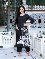 Miravan Women's Black Floral Printed Straight Kurta with Palazzo