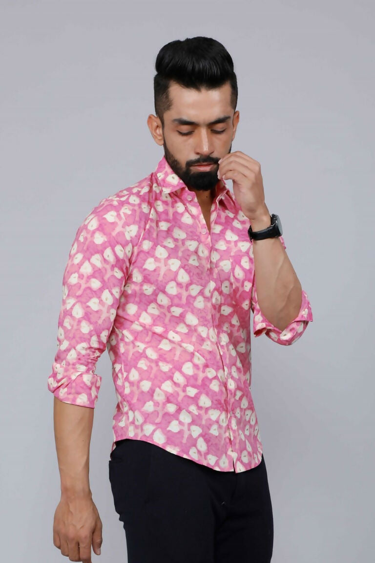 Miravan Men's Pink Print Comfort Cotton Festive Shirt