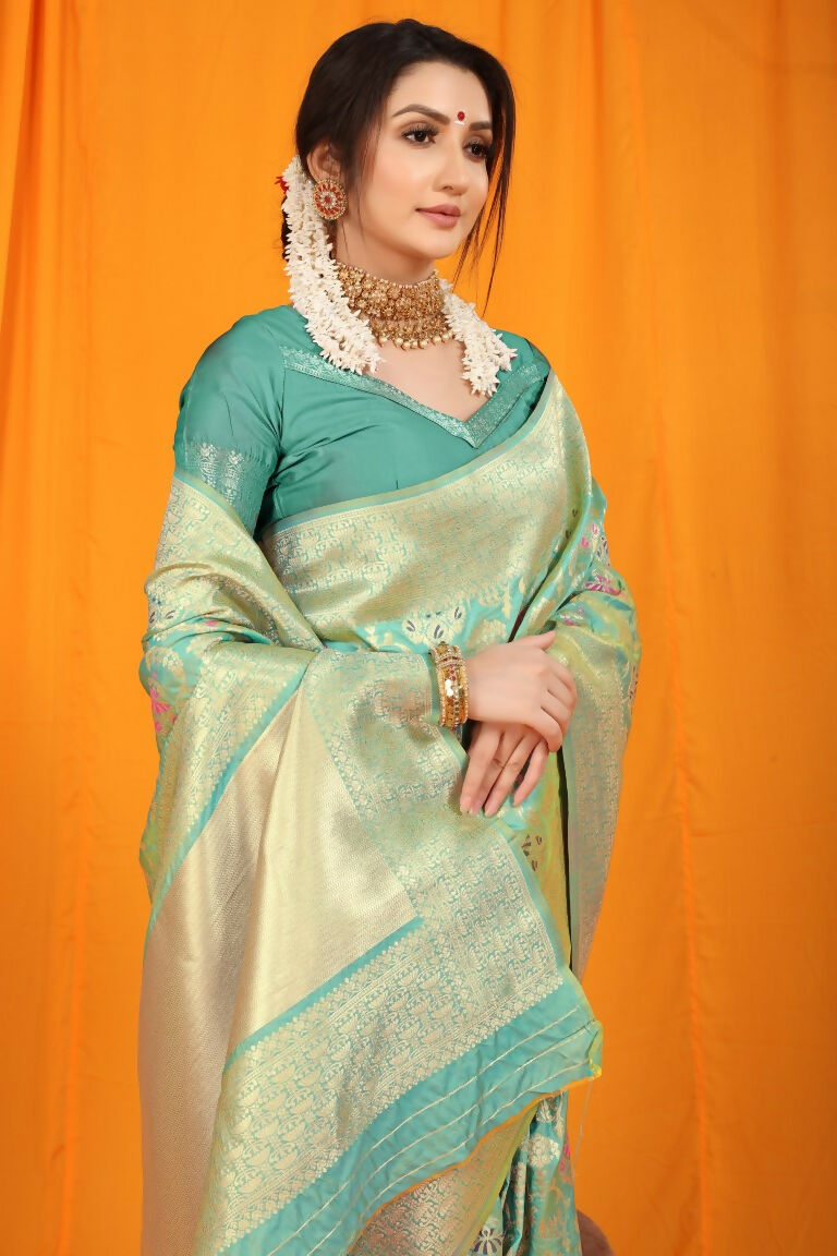 Jyoti Fashion Women's Sea Green Kanjivaram Silk Zari Woven Saree with Blouse - Distacart