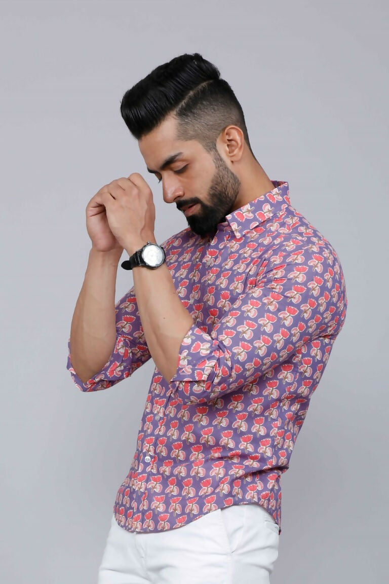 Miravan Men's Purple Floral Design Stylish Casual Cotton Shirt