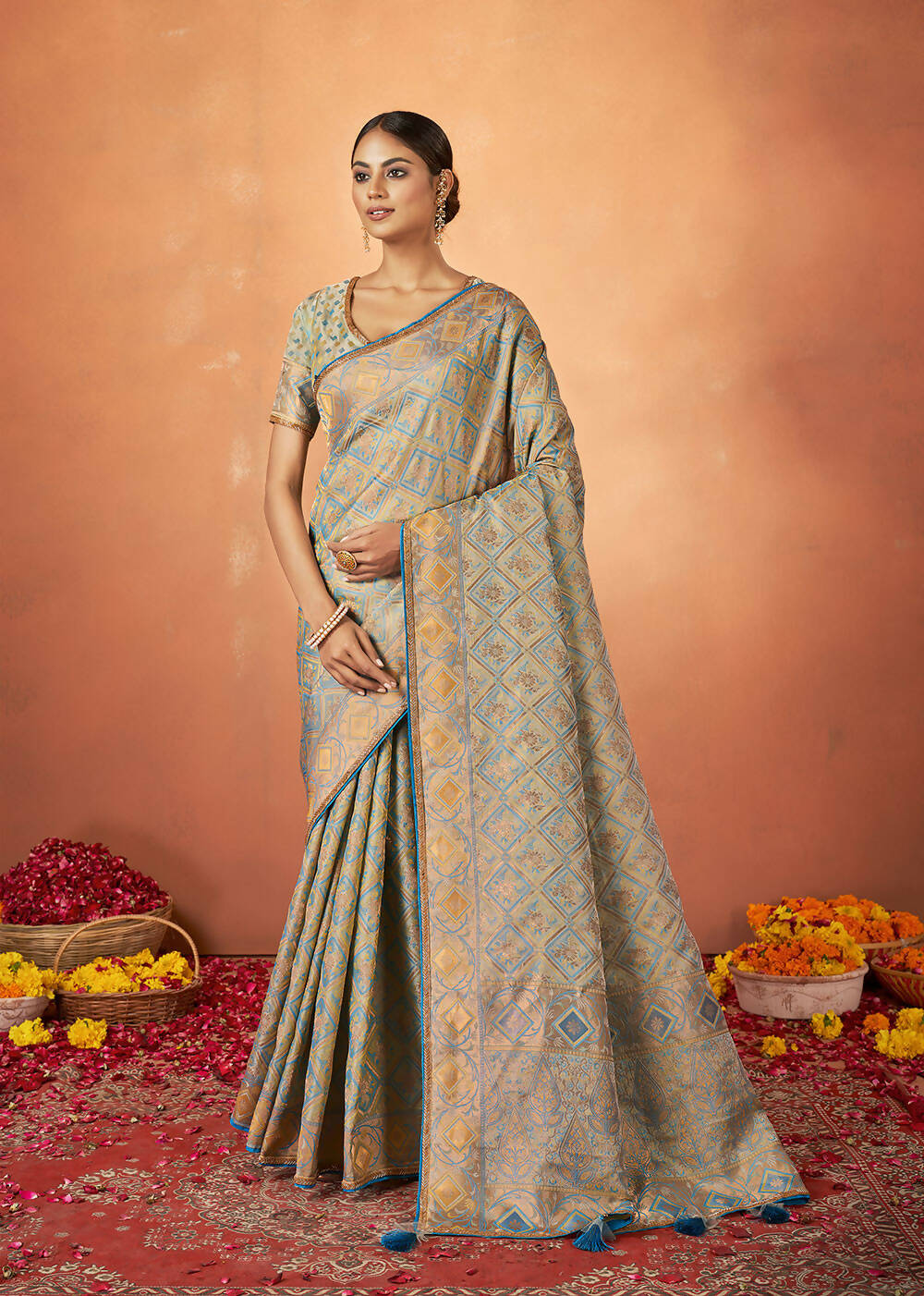 Blue Tusser Satin Silk Woven Design Saree With Unstitched Blouse Piece - Norita Royal Pradha