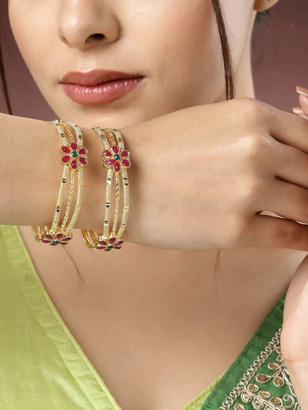 NVR Women's Set of 2 Gold-Plated Artificial Stones Handcrafted Traditional Bangles - Distacart