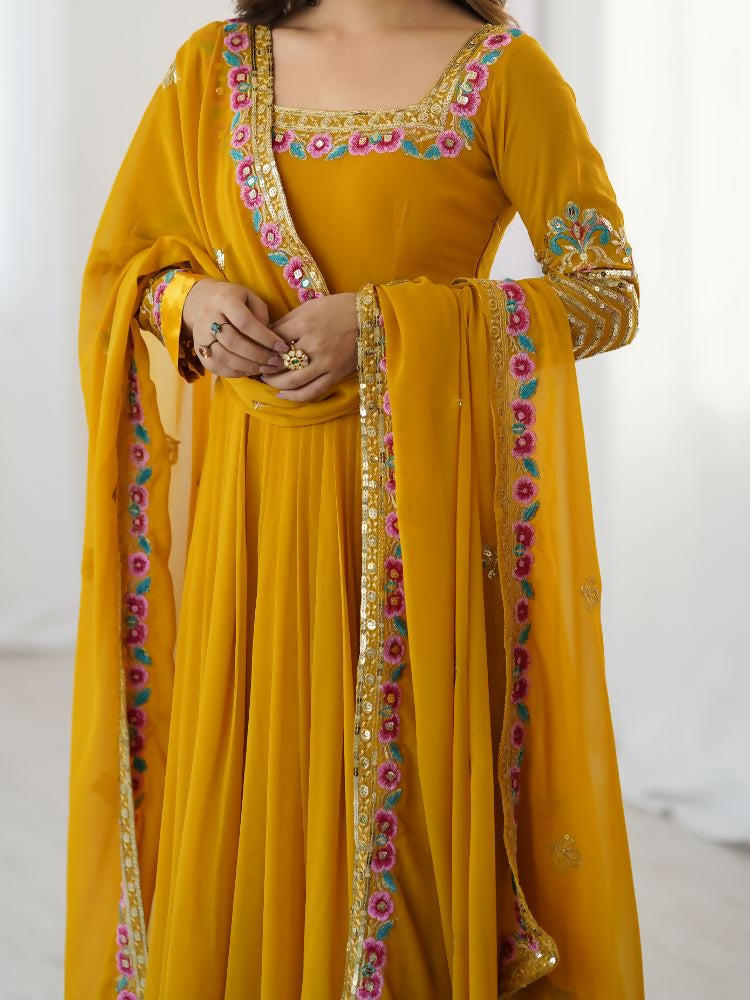 Joban Fashion Mustard Georgette Sequence Embroidery Work Readymade Kurta Set - Distacart
