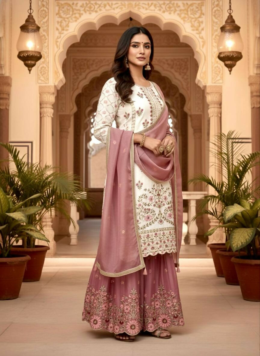 Teeya Creation Multi Color Pure Silk Gimmy Silk Heavy Embroidery Work Wedding Wear Palazzo Pair - Distacart