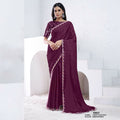 Wine Crepe Satin Silk Dual Sequence With Moti Work Saree With Unstitched Blouse - Norita Swaraa