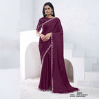 Wine Crepe Satin Silk Dual Sequence With Moti Work Saree With Unstitched Blouse - Norita Swaraa
