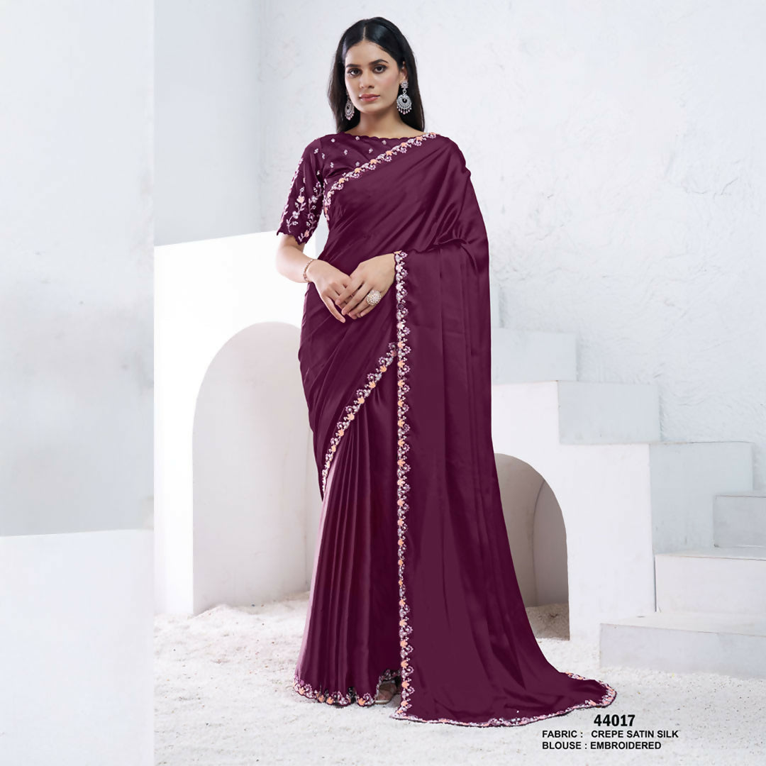 Wine Crepe Satin Silk Dual Sequence With Moti Work Saree With Unstitched Blouse - Norita Swaraa