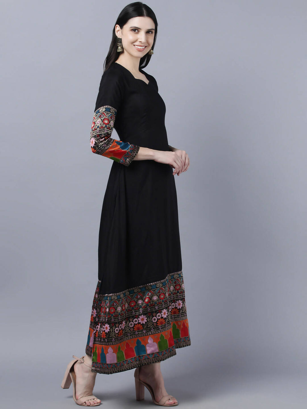 Myshka Women Black Embroidered Detail Anarkali Kurta With Dupatta - Distacart