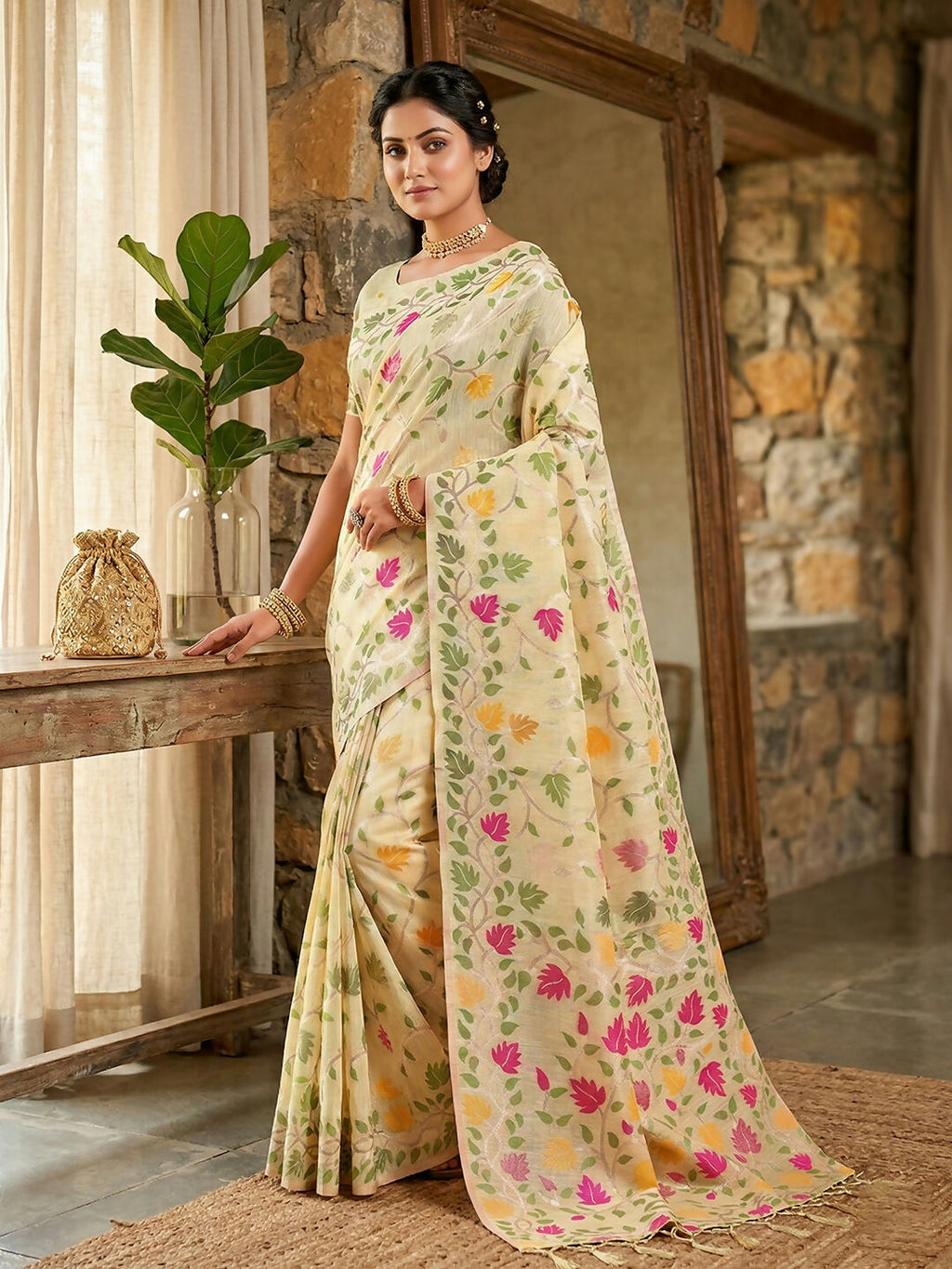 Shree Shyam Fashion Cream Linen Cotton Saree - Distacart