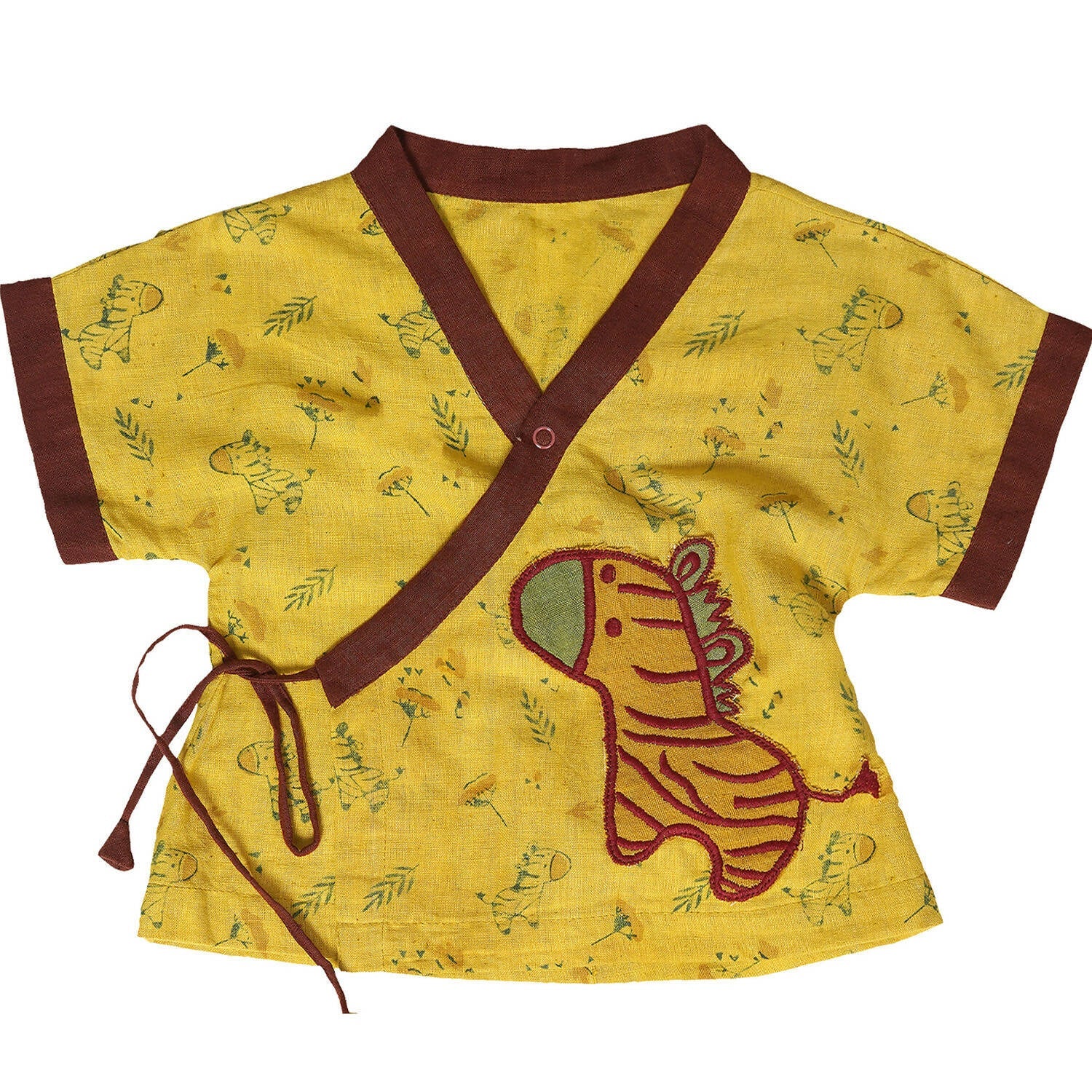 Mhyssa V Neck Kimono Style Half Sleeve Printed Yellow T-shirt With Matching Maroon Shorts Set