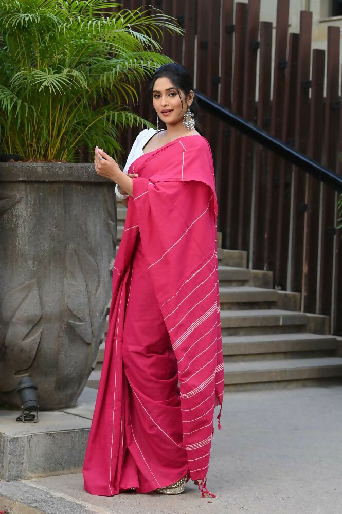 Beatitude Pink Khadi Ghicha Stripes Saree