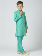 Joban Fashion Kids Island Full Sleeves Chanderi Kurta, Pyjama Set with Traditional Butta Work - Sea Green